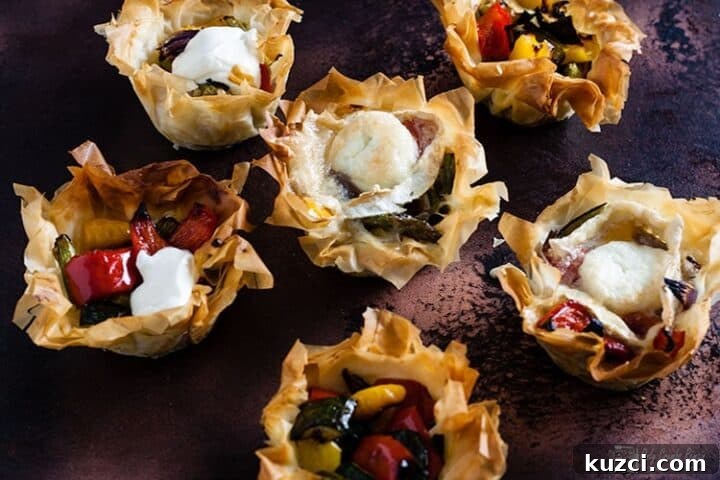 Roasted vegetable tartlets in filo cases.