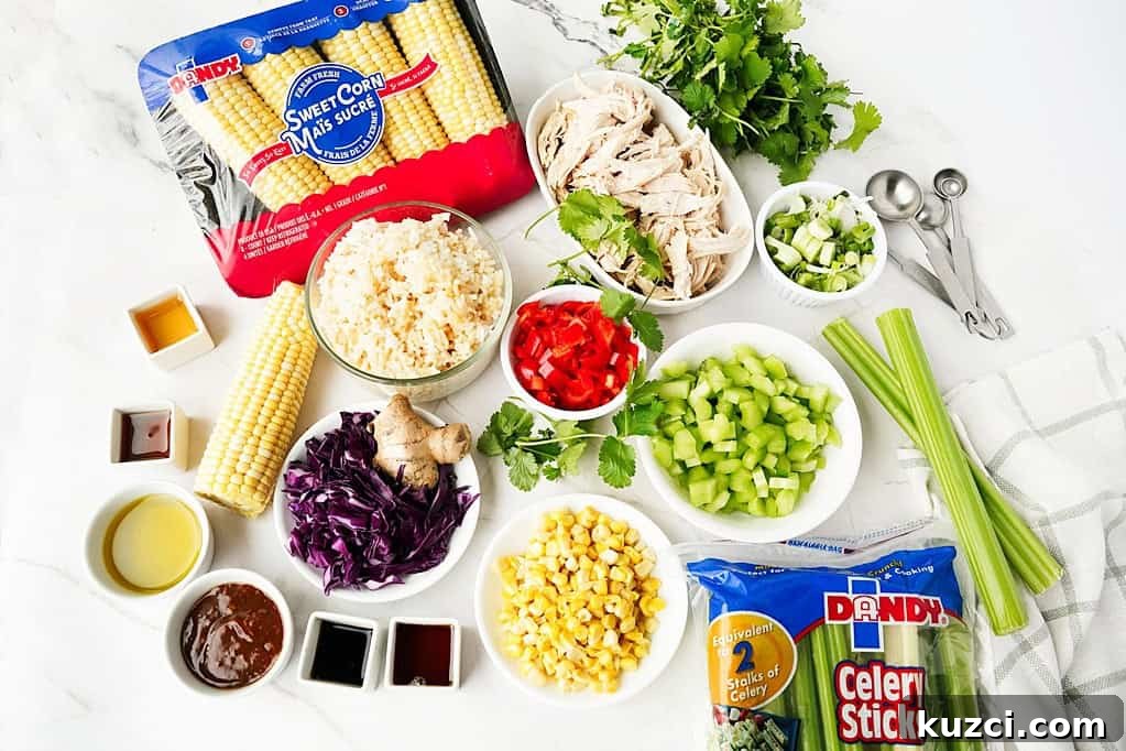 Teriyaki Crispy Rice Salad with Celery and Corn for Weeknights 3 corn, cilantro, chicken, red bell pepper, soy sauce, teriyaki sauce, toasted sesame oil