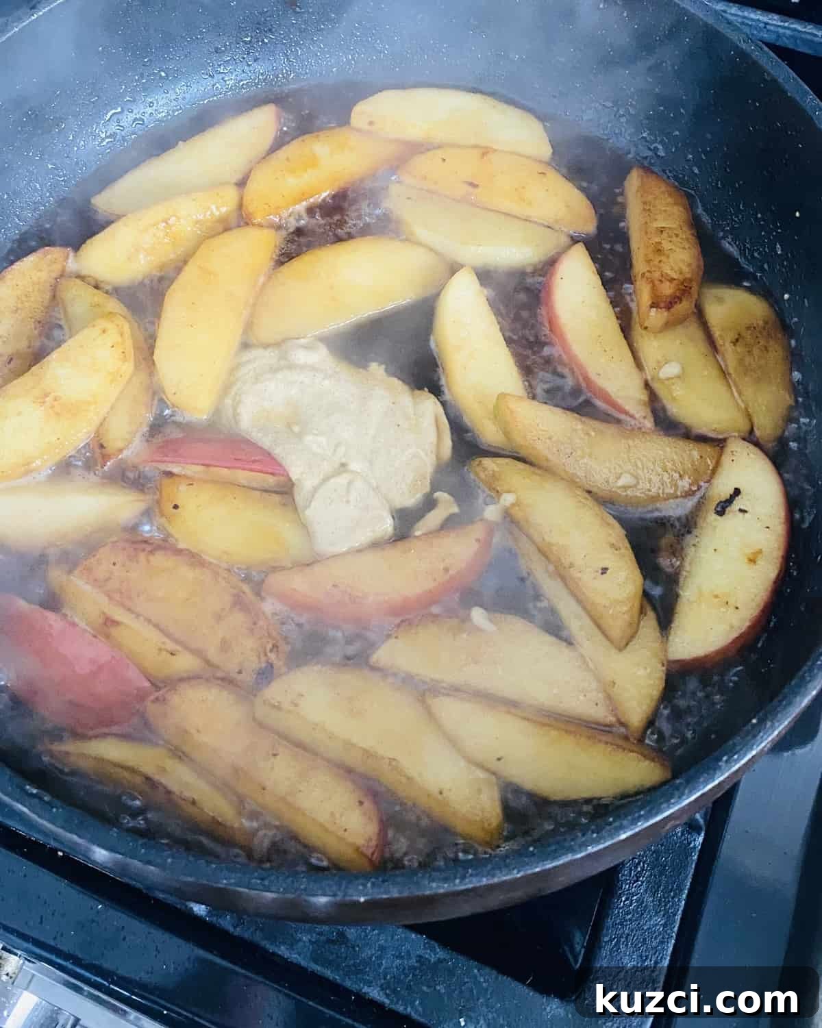 Maple Glazed Pork Tenderloin with Apples 6 Sautéing apples in butter with maple syrup and Dijon mustard.