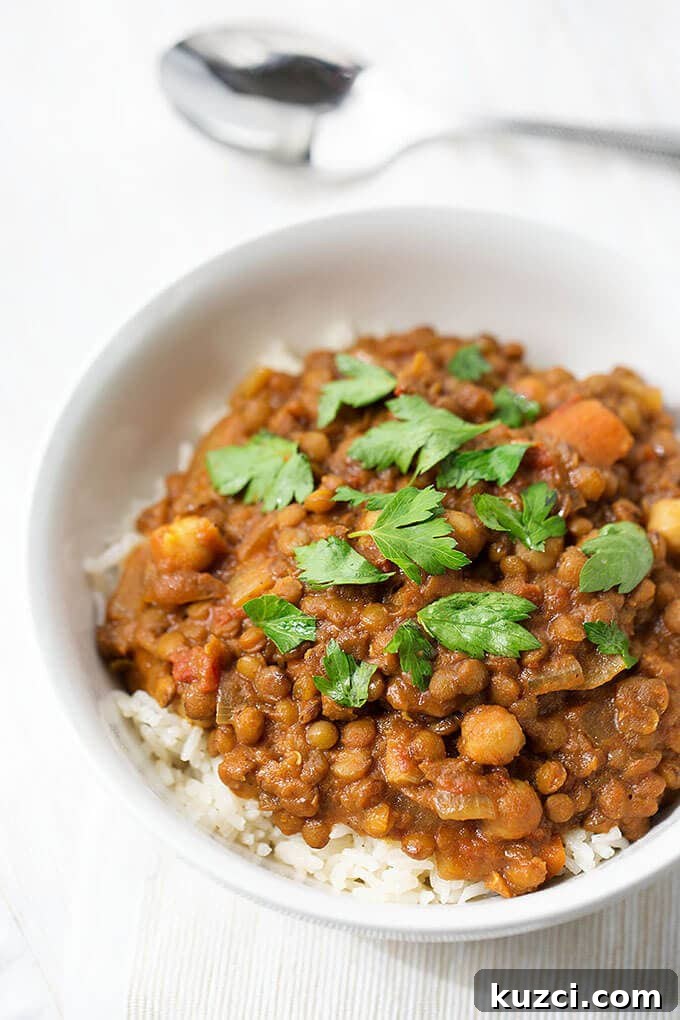 Slow Cooker Curried Lentils 3 Crock Pot Curry Lentils over rice in a small white bowl