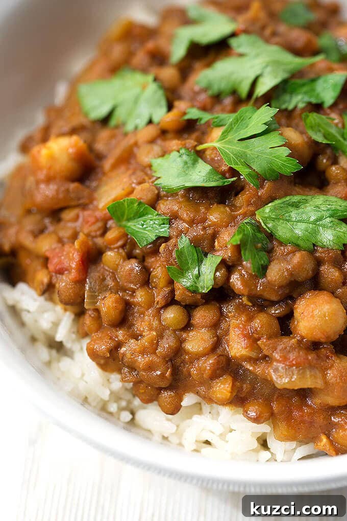 Slow Cooker Curried Lentils 4 Close up of Crock Pot Curry Lentils over rice in a small white bowl