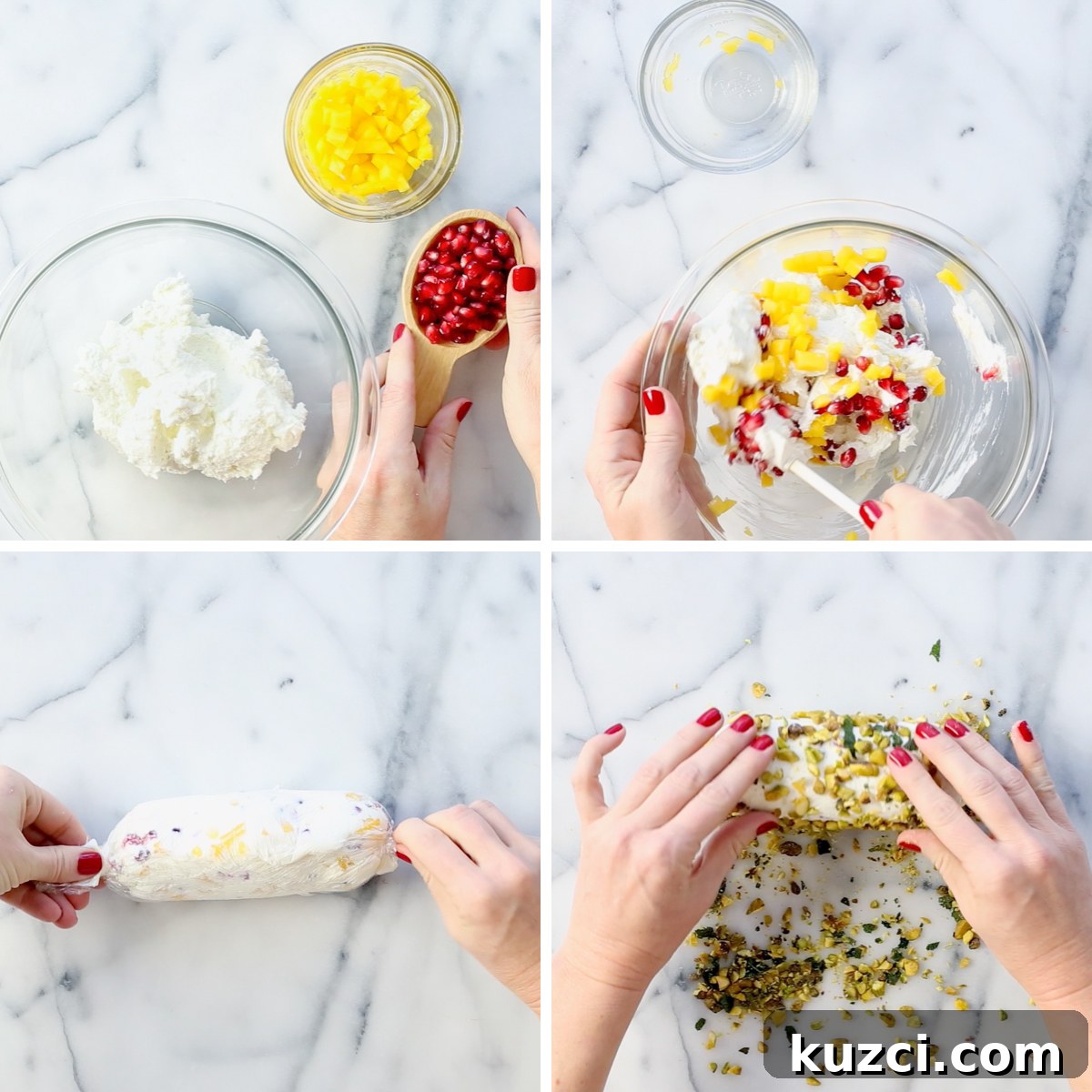 Mango Cheese Log with Pistachio Crust 4 Step by step tutorial for making a Pistachio Crusted Mango Cheese Log.