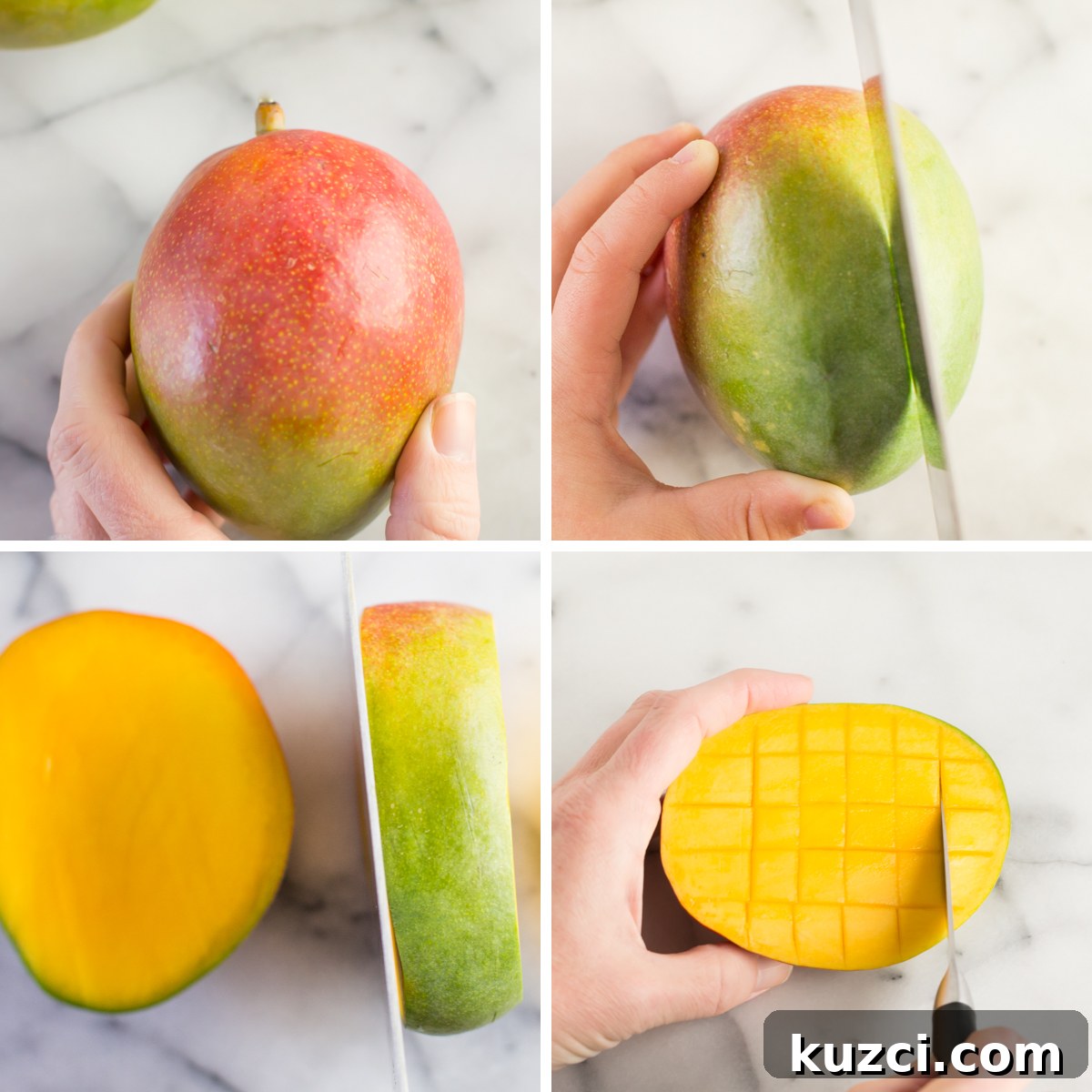 Mango Cheese Log with Pistachio Crust 6 Step by step pictures for how to cut and dice a fresh mango on a white marble background.