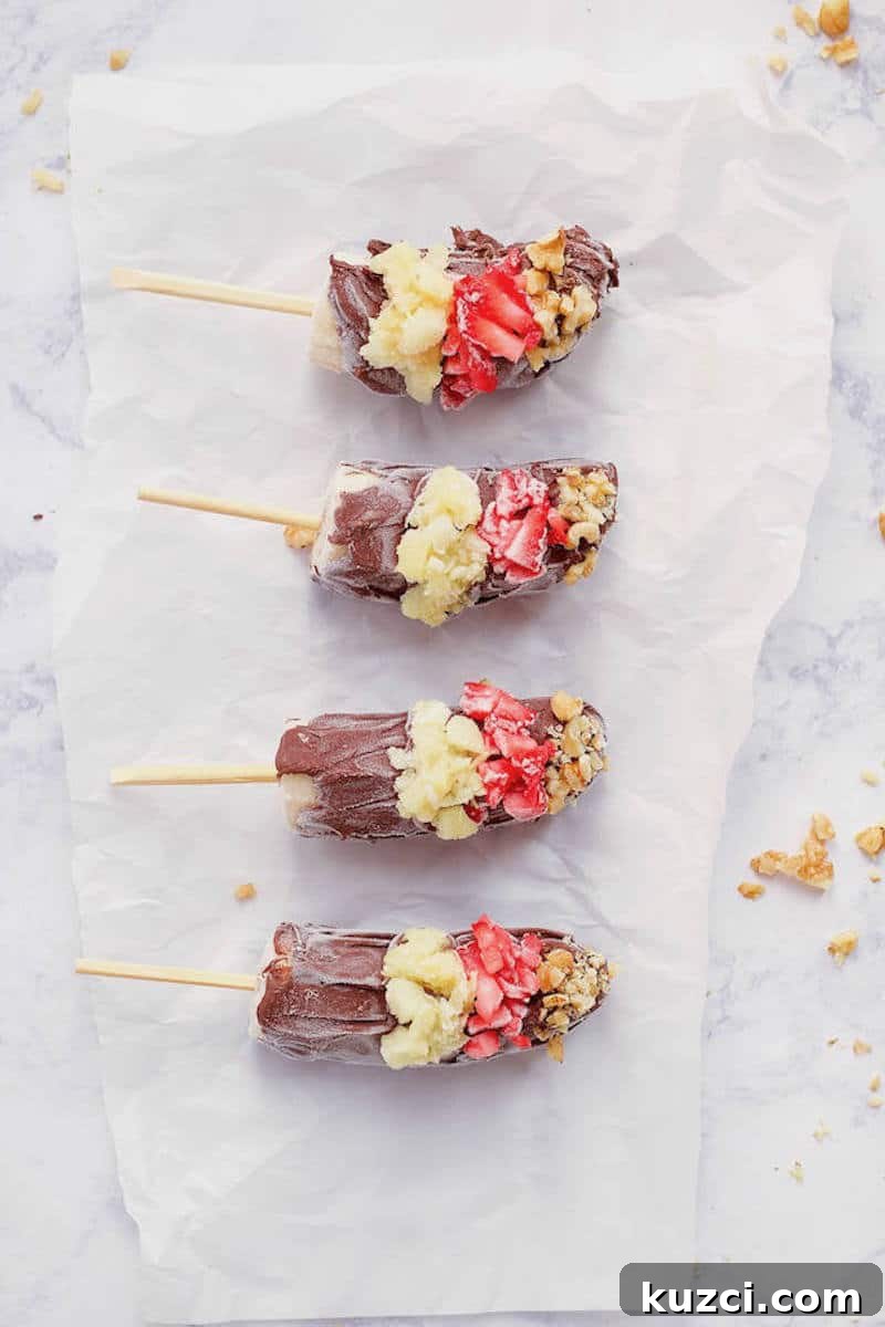 Frozen Banana Split Pops with 6 Ingredients 3 Overhead tray of 6 Ingredient Frozen Banana Split Pops