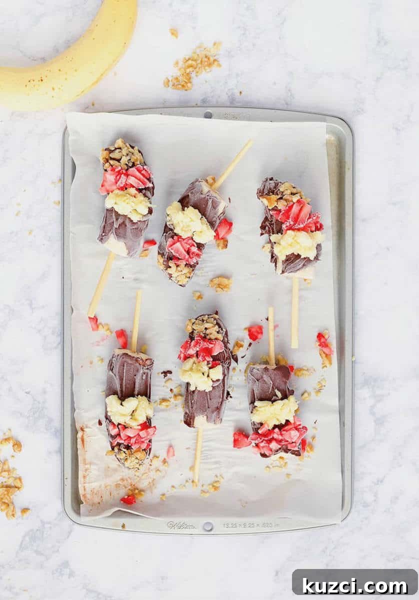 Frozen Banana Split Pops with 6 Ingredients 4 Tray of 6 Ingredient Frozen Banana Split Pops Overhead
