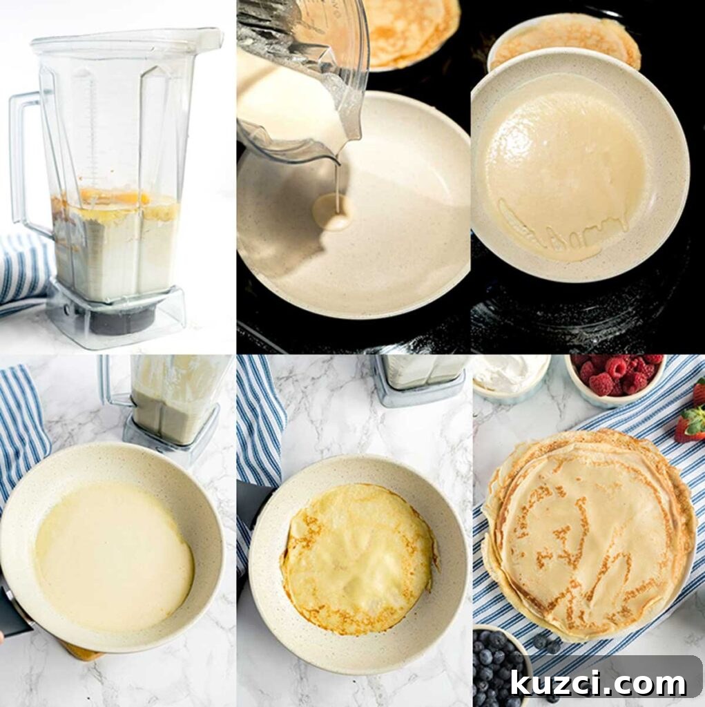 Step by step photos on how to make crepes at home