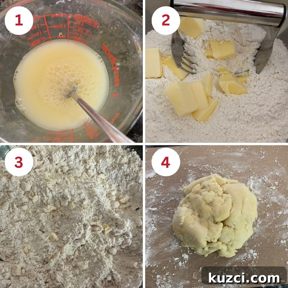 Gluten-Free Cheddar and Broccoli Quiche 4 Photos showing the steps to prepare the pie crust.