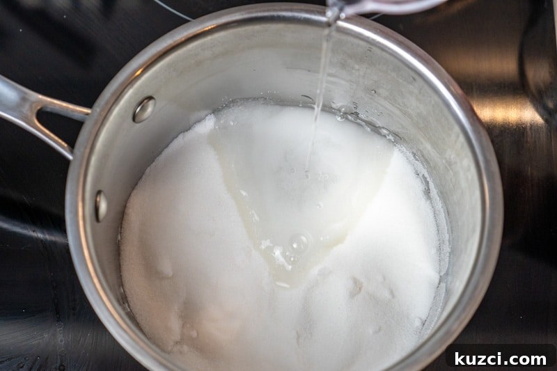 Adding water and sugar to a pot