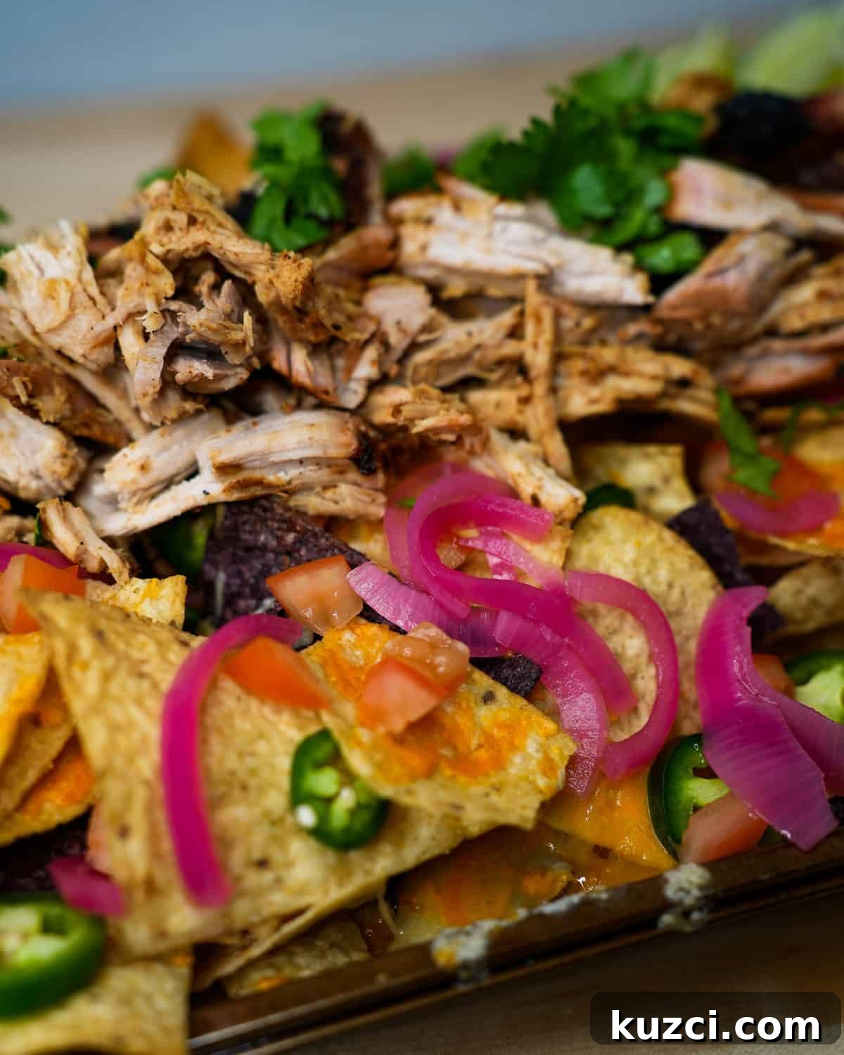 Pulled Pork Loin Nachos with Melty Cheese 6 A close up shot of the finished Pulled Pork Nachos.