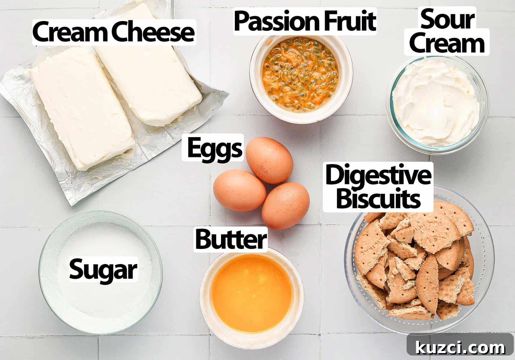 Passion Fruit Cheesecake Recipe with Tropical Glaze 3 Ingredients on a tiled surface.