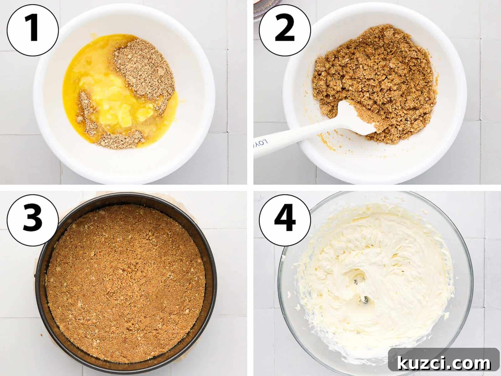 Passion Fruit Cheesecake Recipe with Tropical Glaze 4 Process Shot Collage: making the cheesecake crust.