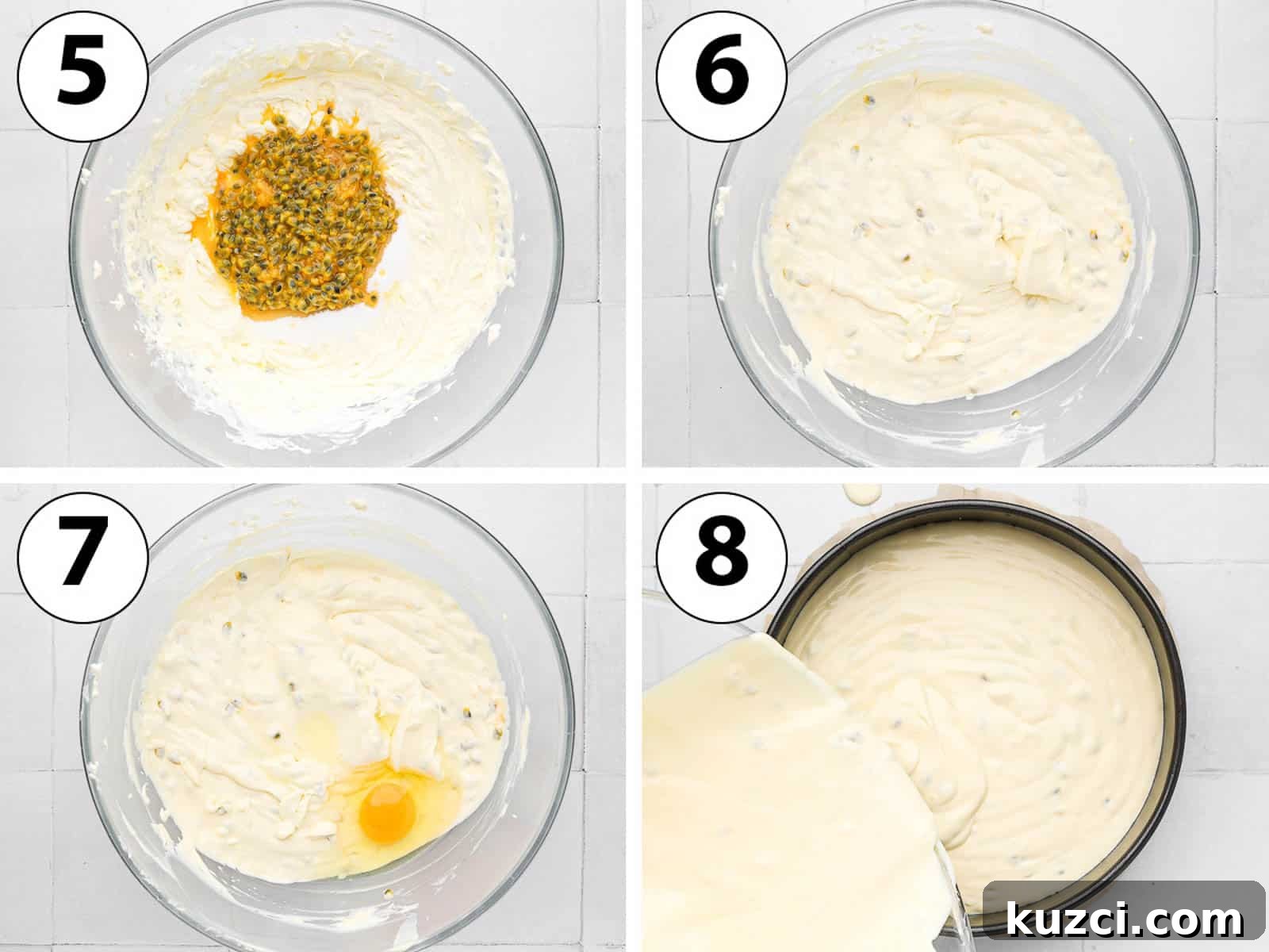 Passion Fruit Cheesecake Recipe with Tropical Glaze 5 Process Shot Collage: making the cheesecake batter.