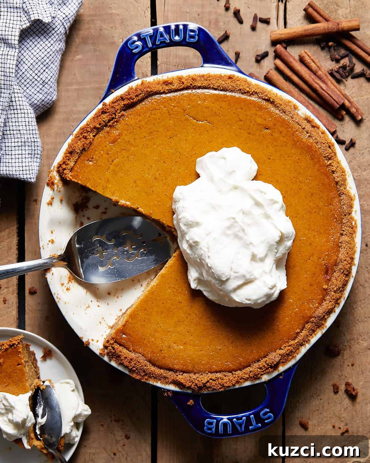 Pumpkin Pie with Graham Cracker Crust Recipe 2 Pumpkin pie with graham cracker crust in a blue pie dish.