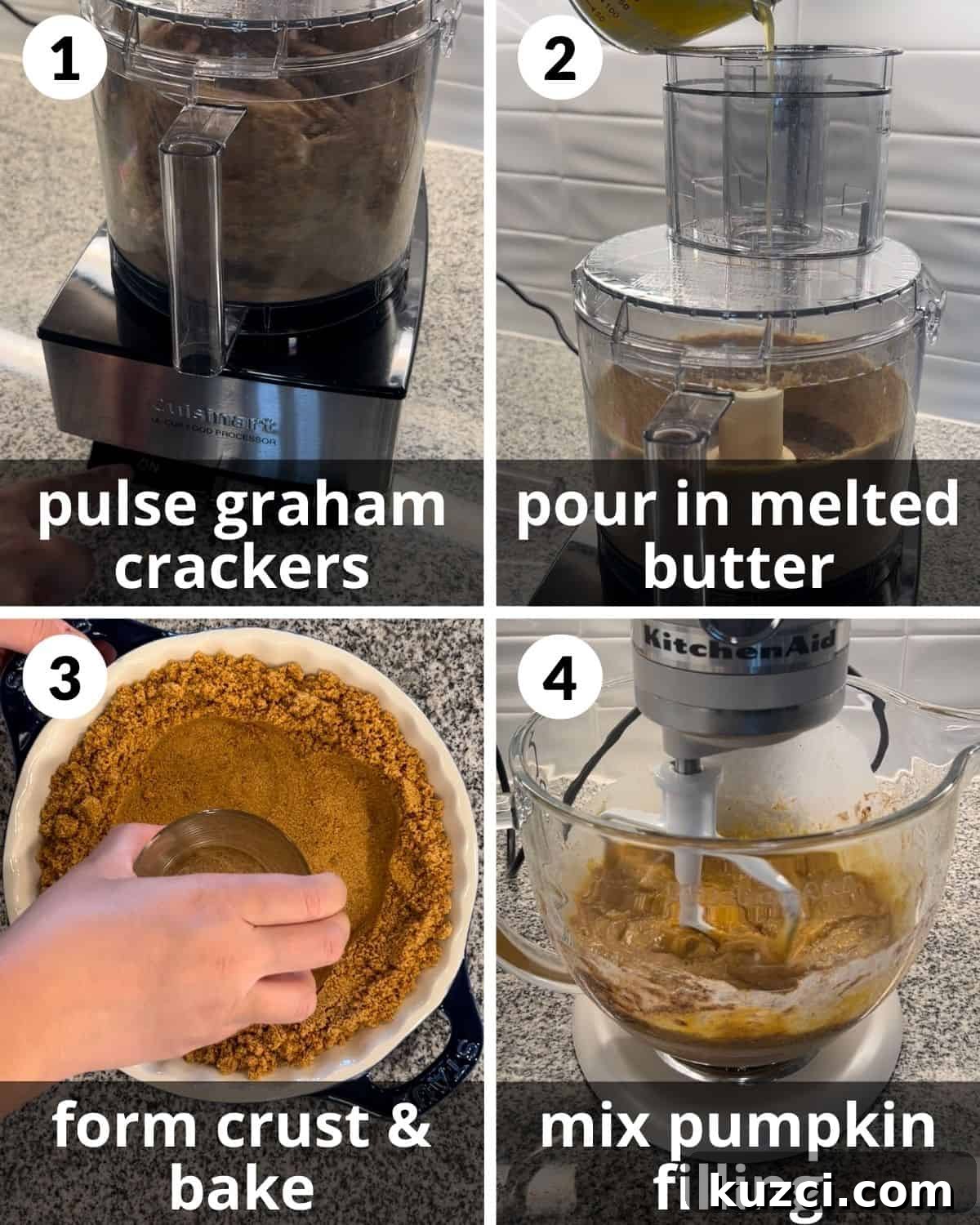 Pumpkin Pie with Graham Cracker Crust Recipe 4 A 4 photo collage showing how to make graham cracker crust and pie filling.