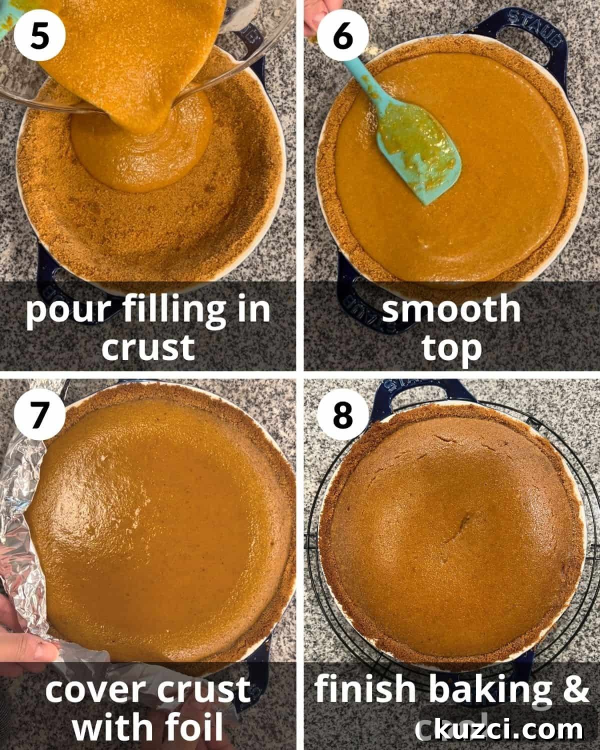 Pumpkin Pie with Graham Cracker Crust Recipe 5 A 4 photo collage showing how to bake the pumpkin pie.