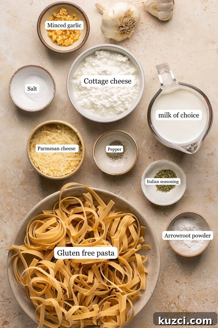 10-Minute High-Protein Cottage Cheese Alfredo Sauce 3 ingredients for cottage cheese alfredo sauce in nesting bowls