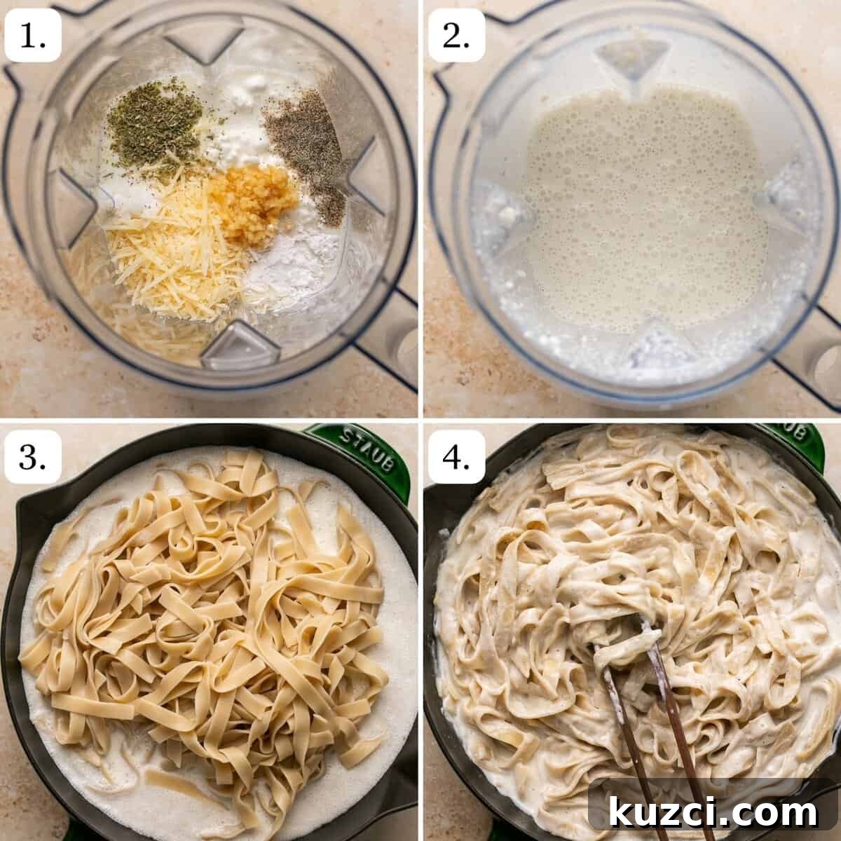 10-Minute High-Protein Cottage Cheese Alfredo Sauce 4 four steps for making cottage cheese alfredo in quadrants
