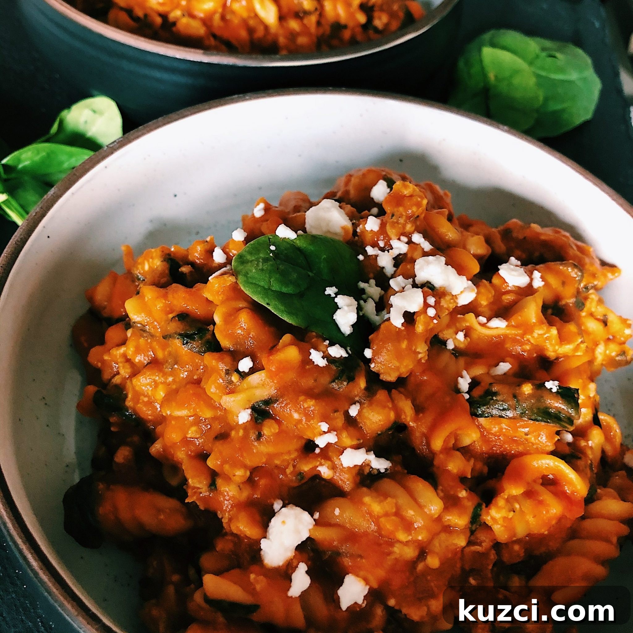 Simple Ground Turkey Recipes That Taste Delicious 12 moody image of a bowl of pasta, topped with crumbles of cheese and fresh basil