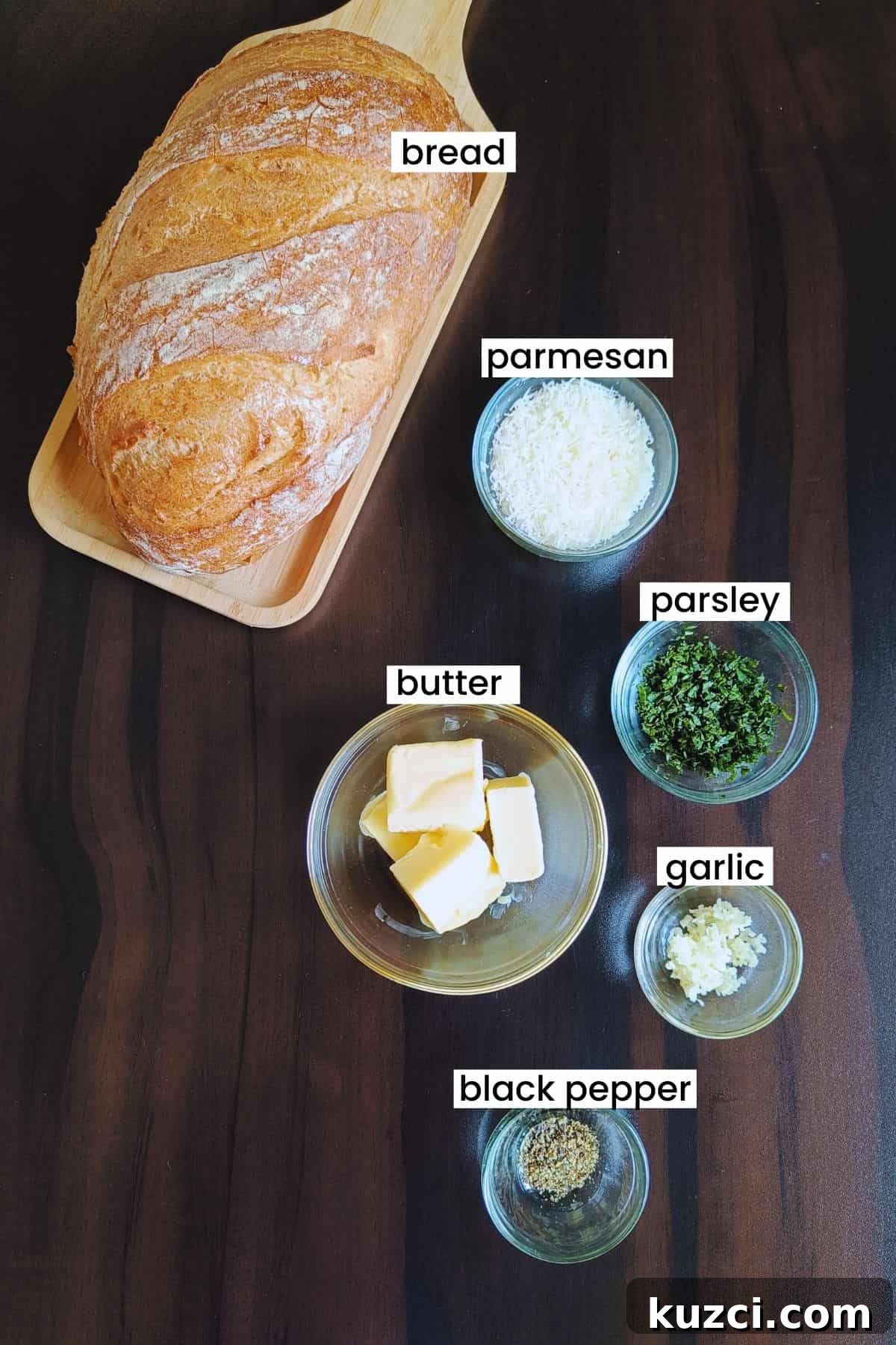 Crispy Air Fryer Garlic Bread Recipe 3 Image showing garlic bread ingredients placed on a brown background.