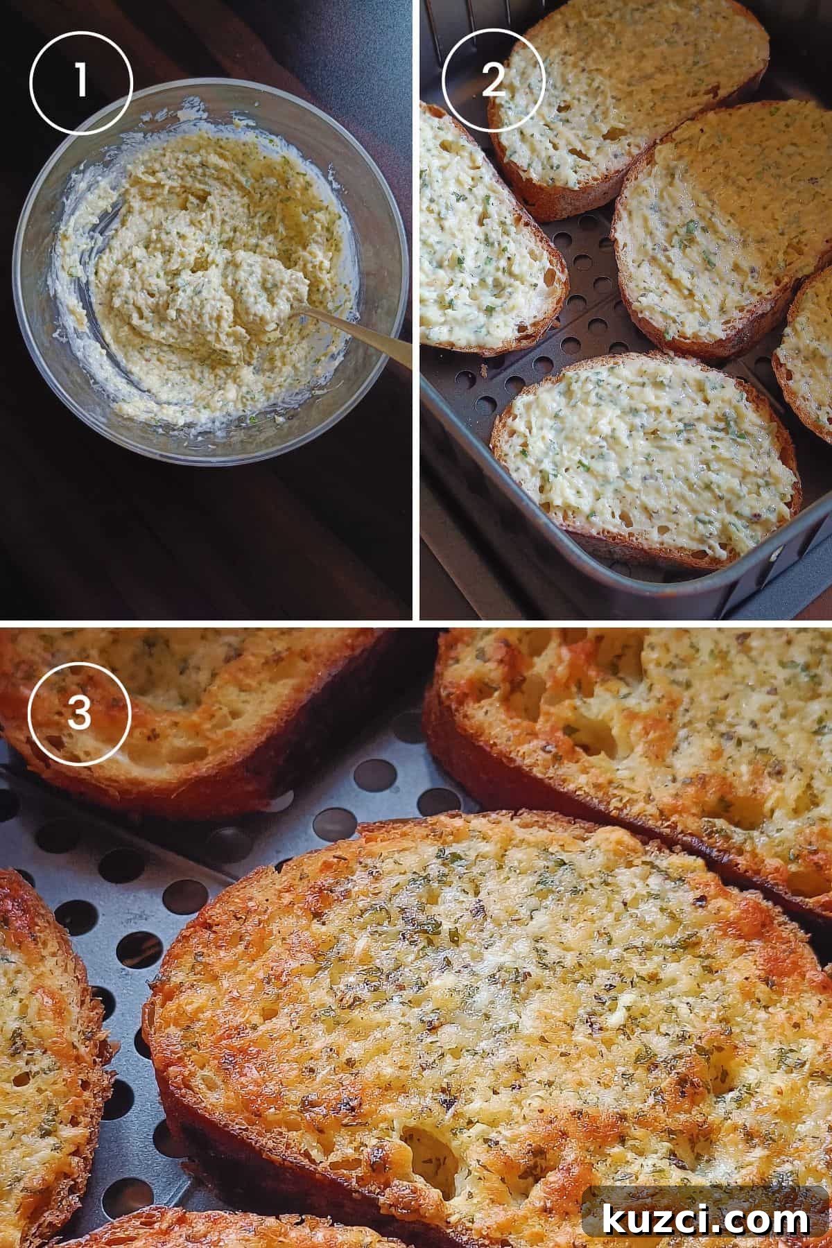 Crispy Air Fryer Garlic Bread Recipe 4 3 Images showing preparing garlic spread, applying on bread slices, and air frying until crispy.