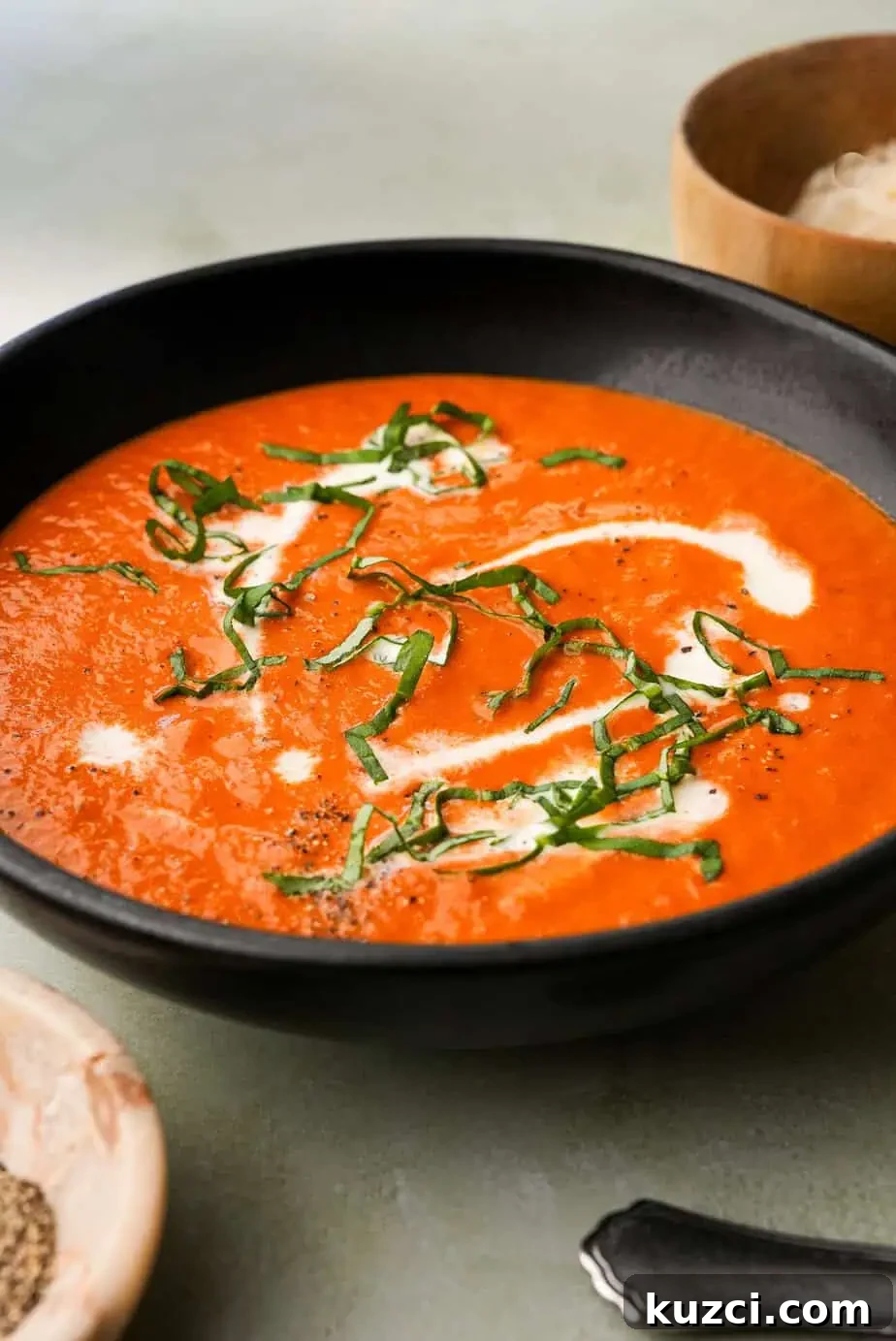 A creamy bowl of tomato bisque topped with freshly cracked black pepper and served with a golden, topped with fresh basil, pepper and cream