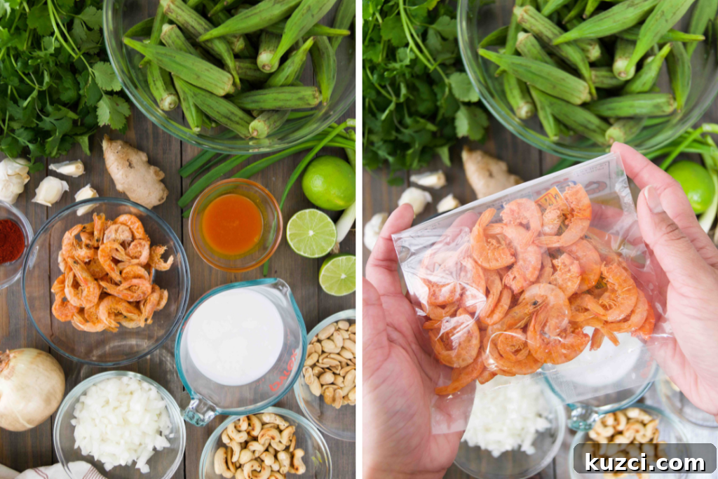 Caruru: Brazilian Shrimp and Okra Stew Recipe 4 Collage of two images showing the ingredients for Caruru and a woman holding a bag of dried shrimp above the ingredients in bowls