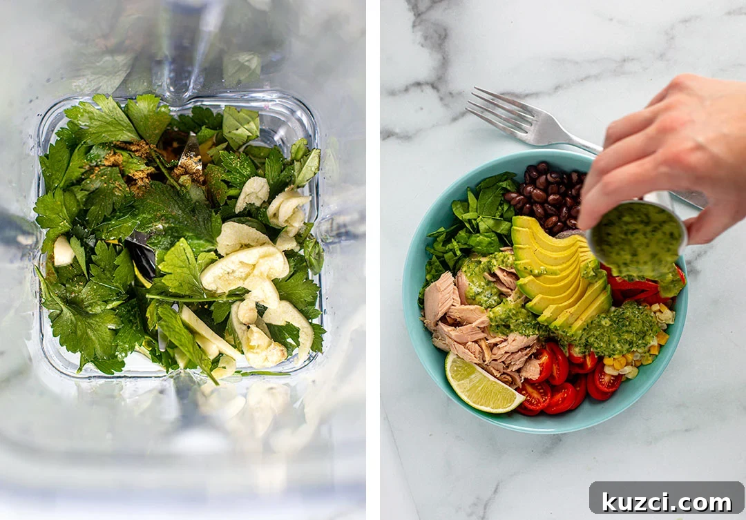 College: Left photo - Ingredients for dressing in a blender. Right photo-dressing before drizzle over Southwest Tuna Bowl.