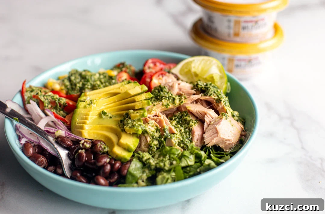 Side shot close up of Southwest Tuna Bowl.