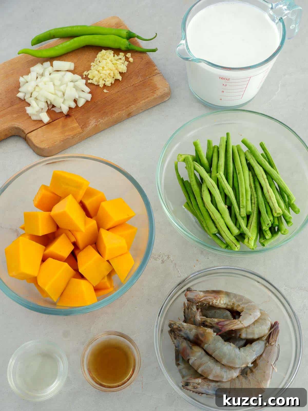 Ginataang Kalabasa with Shrimp and String Beans 3 kabocha squash cubes, shrimp, cut long beans, chopped garlic, pepper, coconut milk, fish sauce, oil, chili peppers