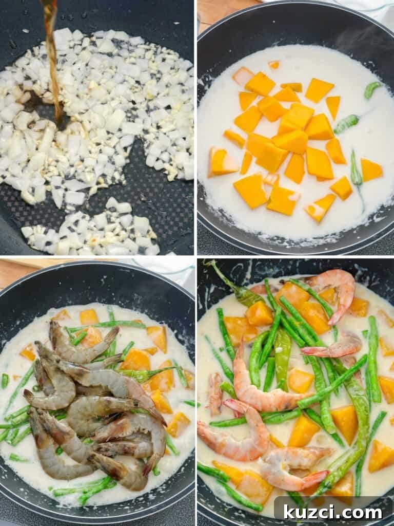 Ginataang Kalabasa with Shrimp and String Beans 4 cooking ginataang kalabasa in pan with sitaw and shrimp