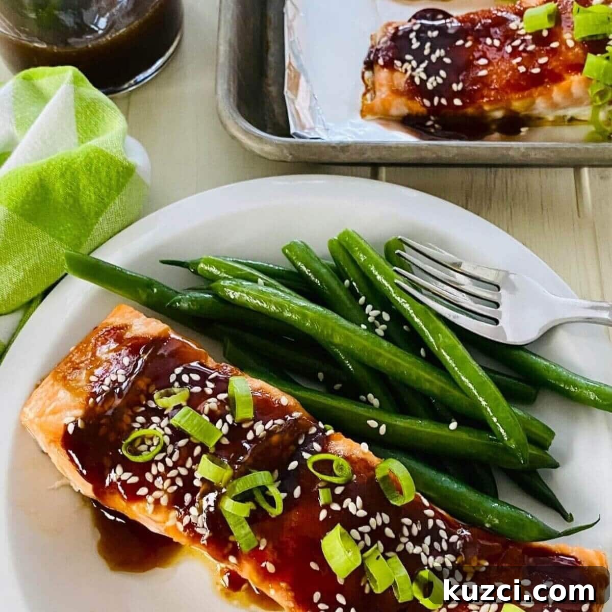 Oven-Baked Teriyaki Salmon with Hoisin, No Marinating 2 baked teriyaki glazed salmon recipe with green beans.