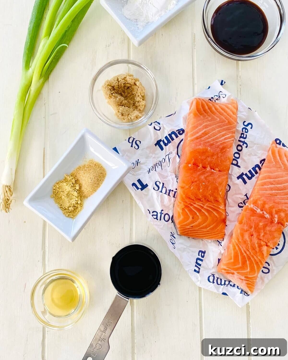 Oven-Baked Teriyaki Salmon with Hoisin, No Marinating 4 salmon, soy sauce, green onions, sesame oil, ground ginger, garlic powder, hoisin sauce, cornstarch.