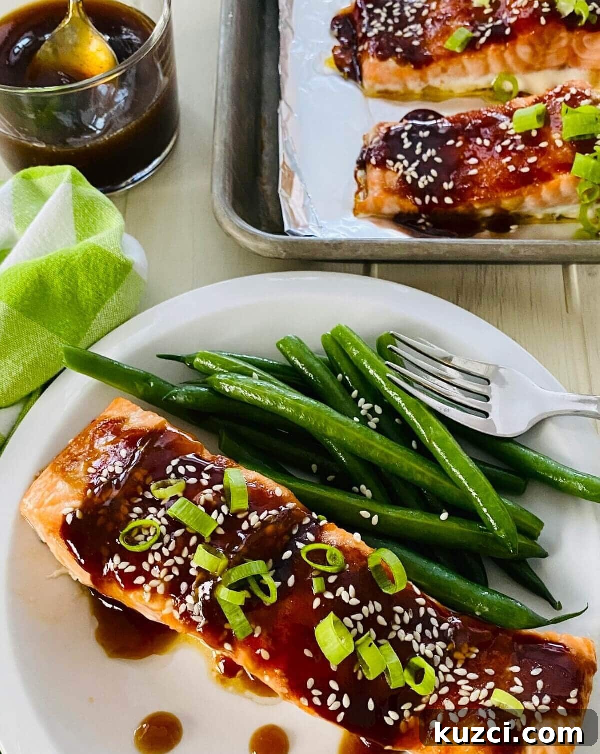 Oven-Baked Teriyaki Salmon with Hoisin, No Marinating 10 baked teriyaki salmon with green beans.