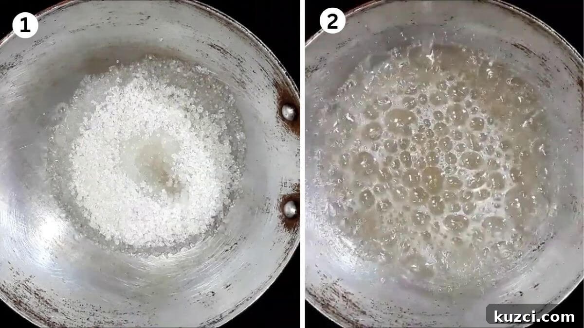 How to Make Boora (Tagar) at Home: Step-by-Step Guide 3 collage of 2 images showing cooking sugar and water to make boora recipe.