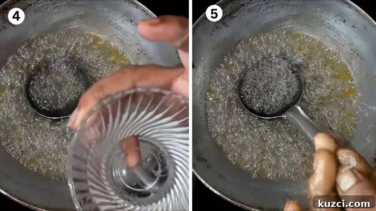 How to Make Boora (Tagar) at Home: Step-by-Step Guide 5 collage of 2 images showing drop test for Boora recipe. One image shows hot sugar syrup being dropped into a bowl of water, and the other shows crystallized sugar forming, indicating the syrup is ready.