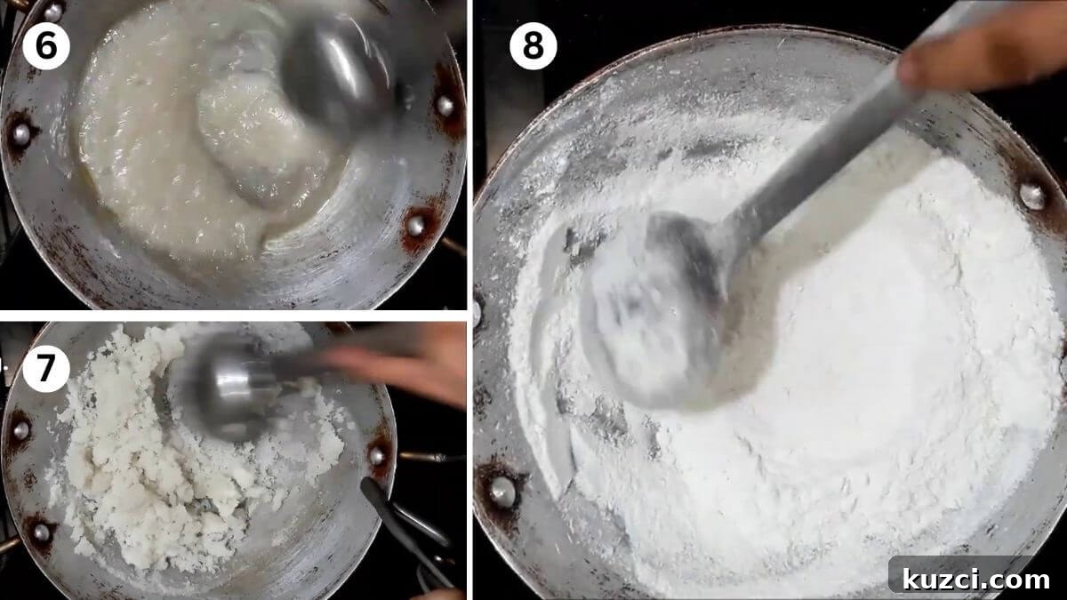 How to Make Boora (Tagar) at Home: Step-by-Step Guide 6 Collage of 3 images showing the process of stirring sugar syrup after removing from heat to make boora (tagar) at home.