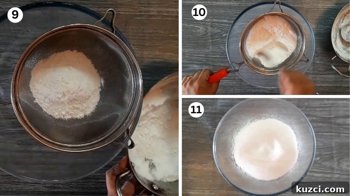 How to Make Boora (Tagar) at Home: Step-by-Step Guide 7 collage of 3 images showing how to sieve Boora before using it for making ladoos. Sieving, and collecting fine Boora sugar.