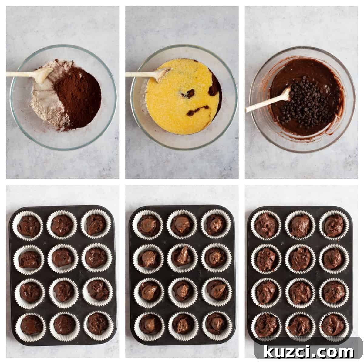 Nutella Chocolate Muffins Recipe 4 Step by step photo instruction collage for making Nutella muffins.