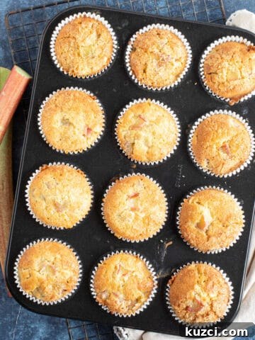 Rhubarb muffins in a baking tin.