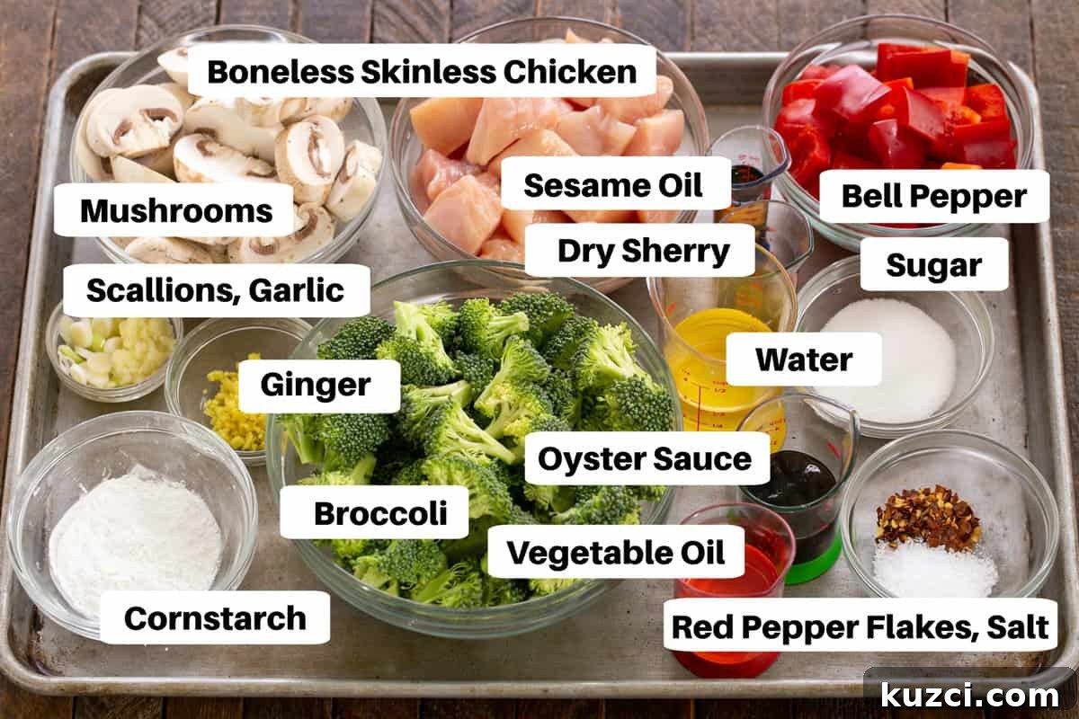 Chicken Stir Fry Recipe with Vegetables and Savory Sauce 2 Chicken Broccoli Stir Fry Ingredients on a sheet pan with labels.