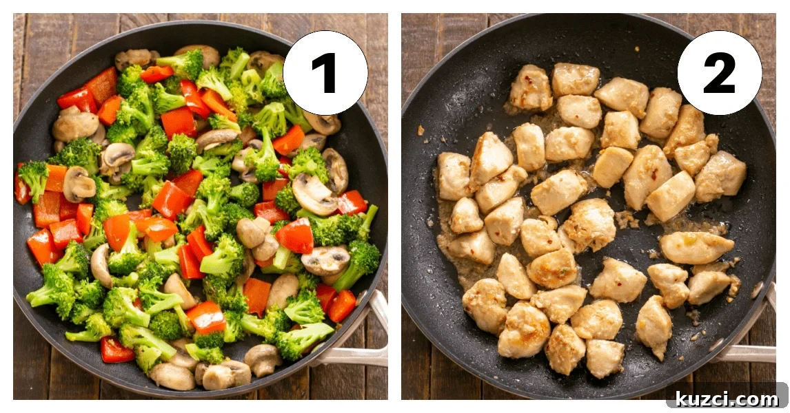 Chicken Stir Fry Recipe with Vegetables and Savory Sauce 3 Chicken Broccoli Stir Fry Process Shots labeled 1,2.