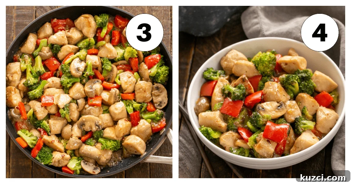 Chicken Stir Fry Recipe with Vegetables and Savory Sauce 4 Chicken Broccoli Stir Fry Process Shots labeled 3,4.