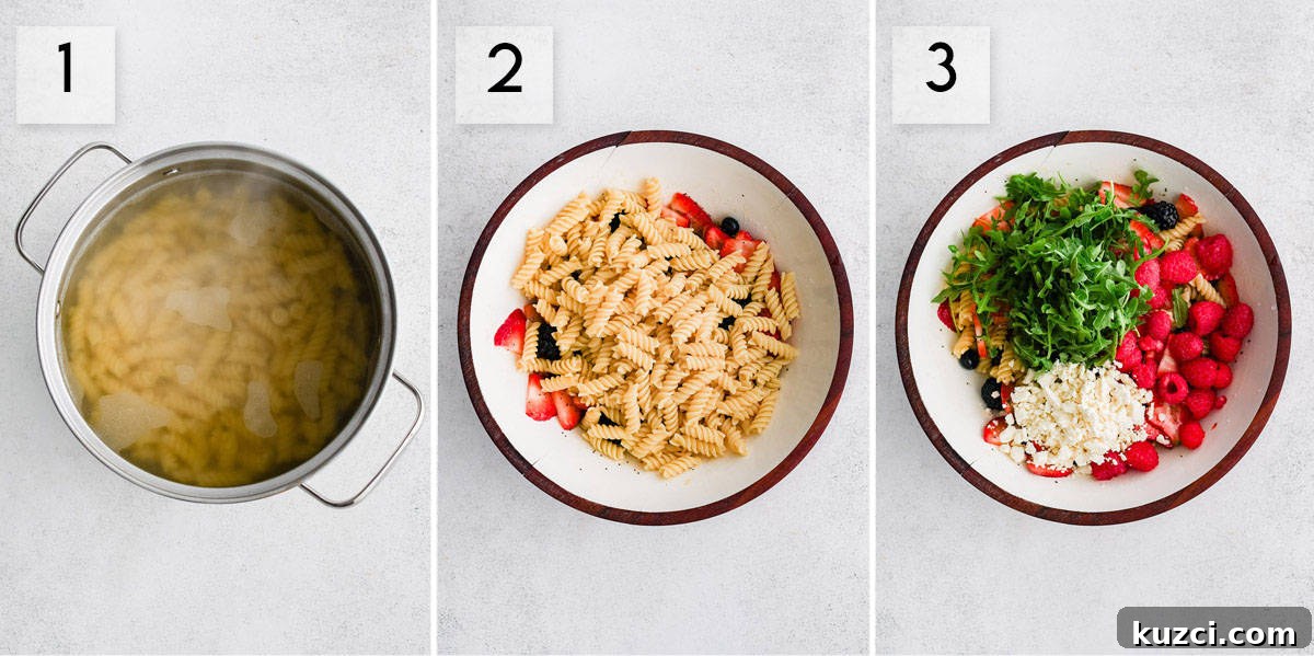 three panel collage image showing how to prepare berry pasta salad