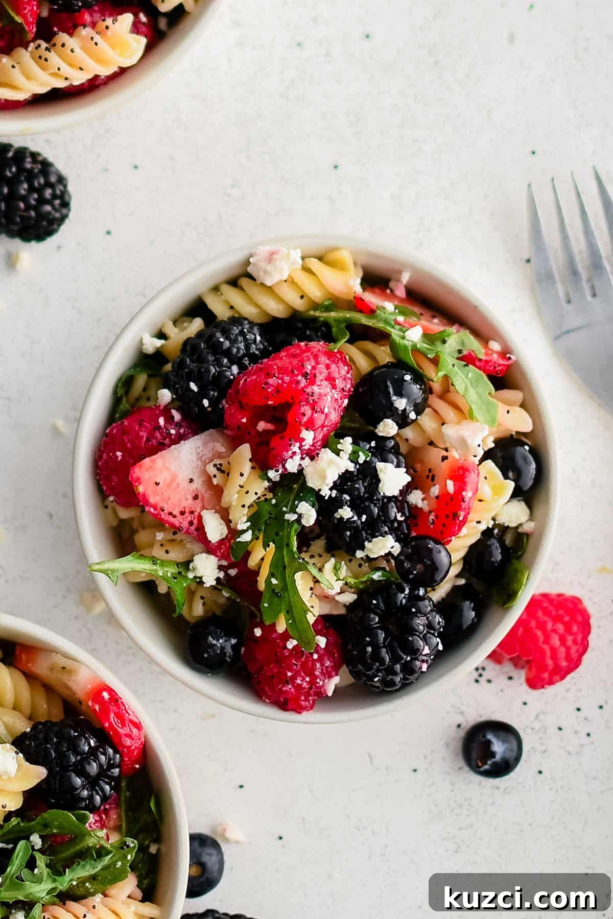 berry pasta salad in a small bowl