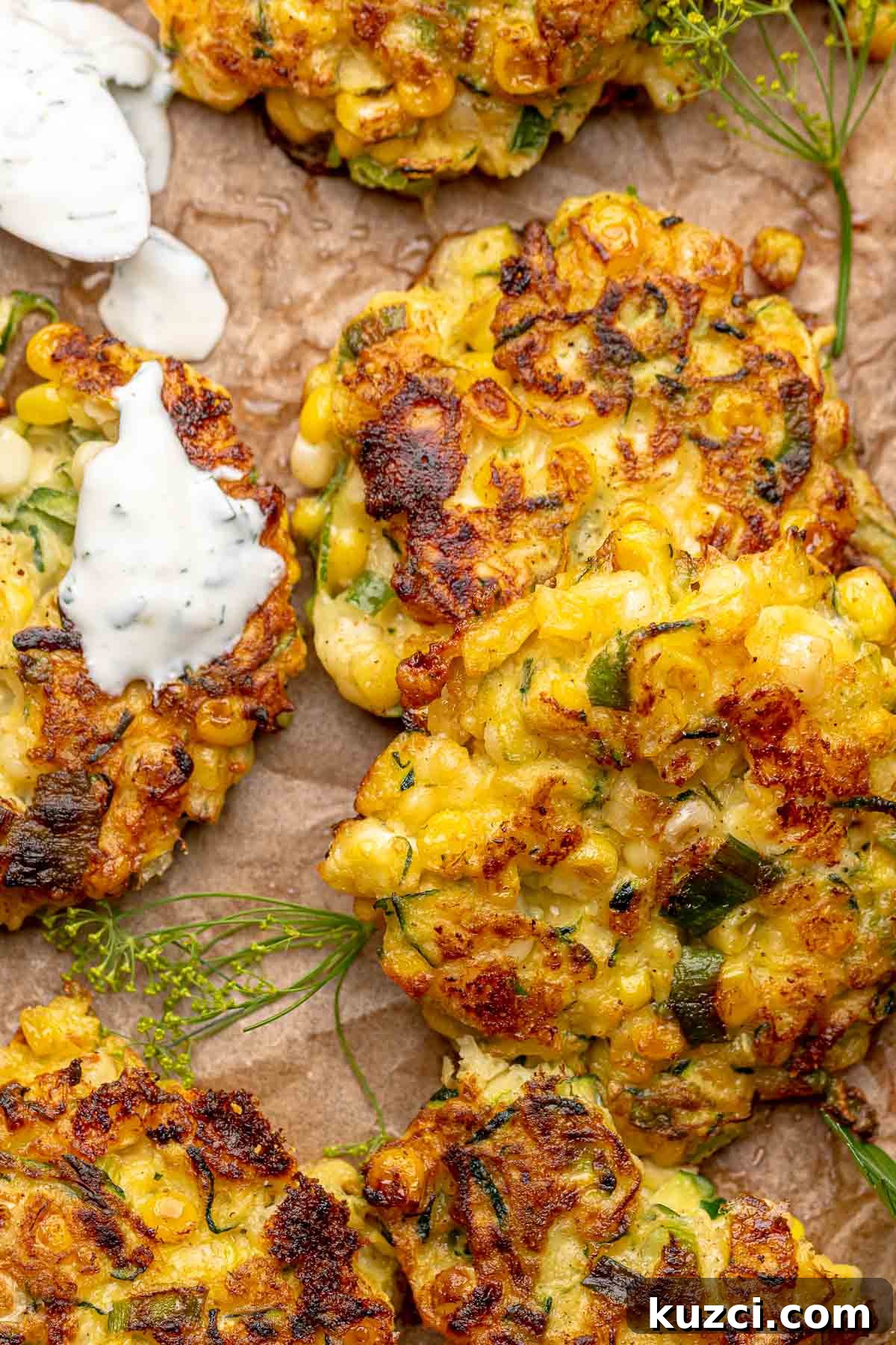 Crispy Corn and Zucchini Fritters with Herbed Yogurt Sauce 2 Corn and zucchini fritters on a platter.