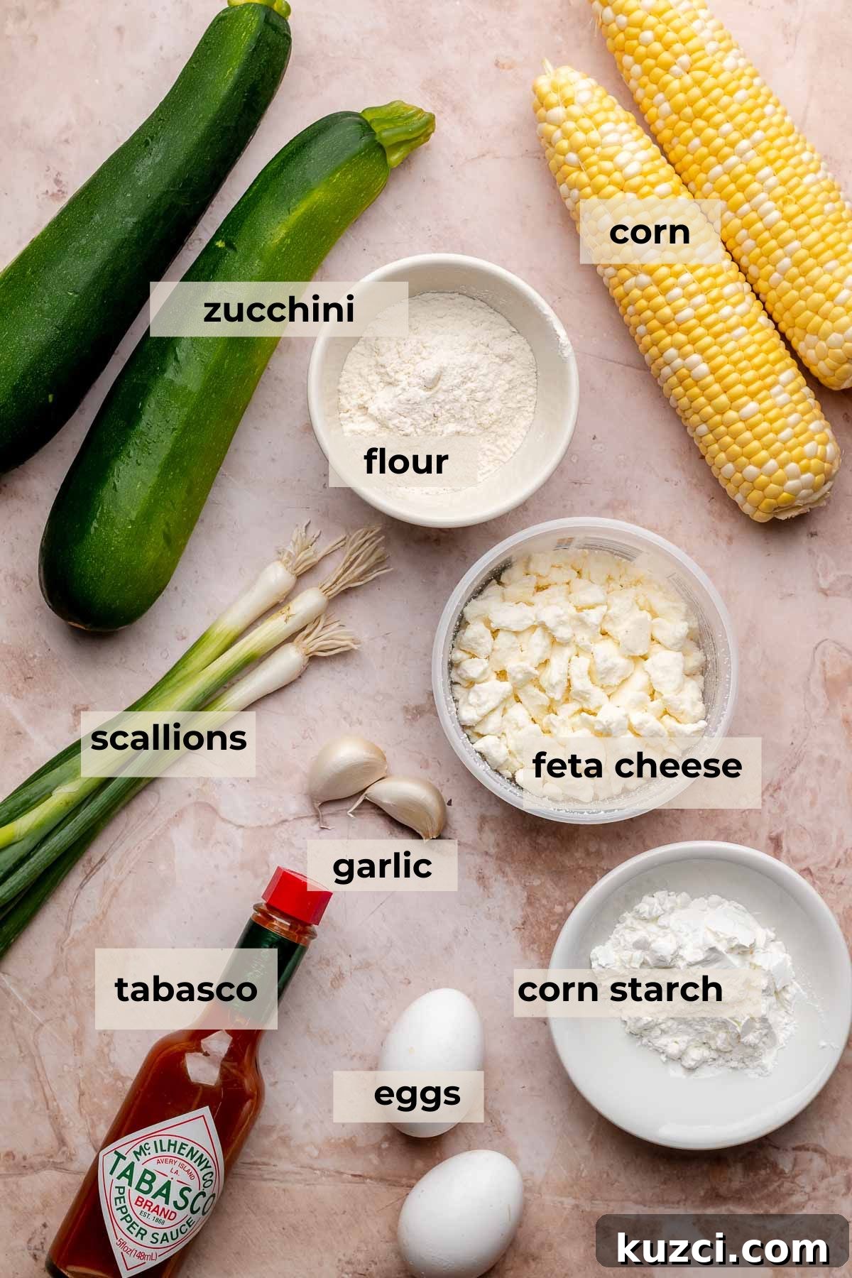 Crispy Corn and Zucchini Fritters with Herbed Yogurt Sauce 3 Ingredients for corn and zucchini fritter.