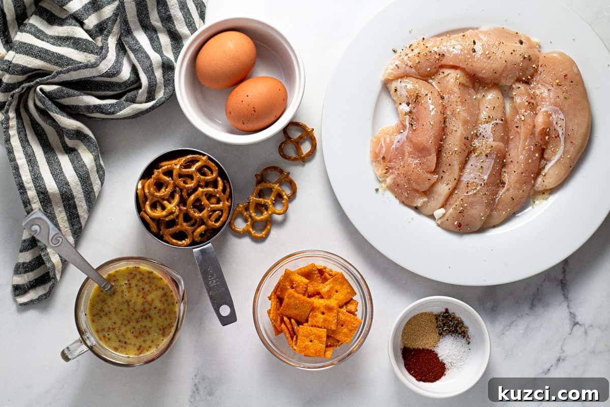 Crispy Oven Fried Chicken Tenders 3 Overhead shot of ingredients to make chicken tenders laid out on a white marble counter top