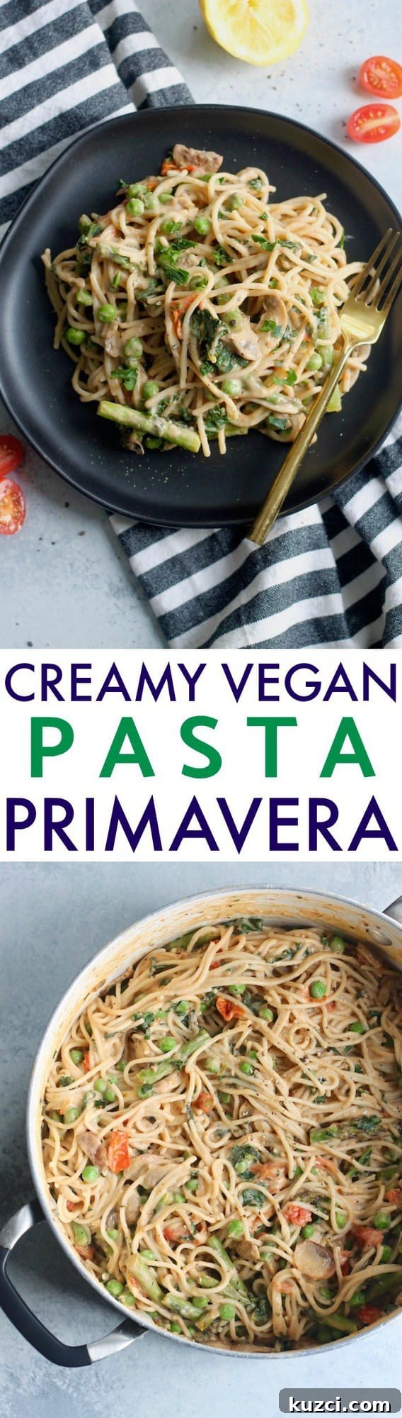 Creamy Vegan Pasta Primavera Recipe with Roasted Vegetables 4 Creamy Spring Vegetable Pasta Primavera with whole grain spaghetti and fresh vegetables