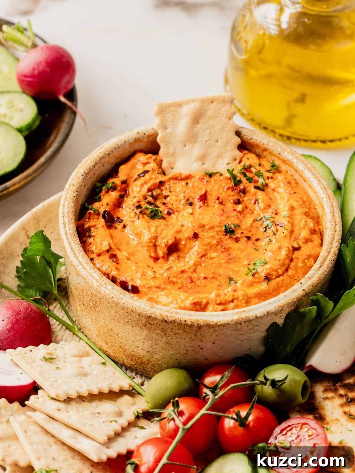Bowl of red pepper feta dip (also known as Tirokafteri or Htipiti) on a plate garnished with parsley and served with bread, vegetables and olives.