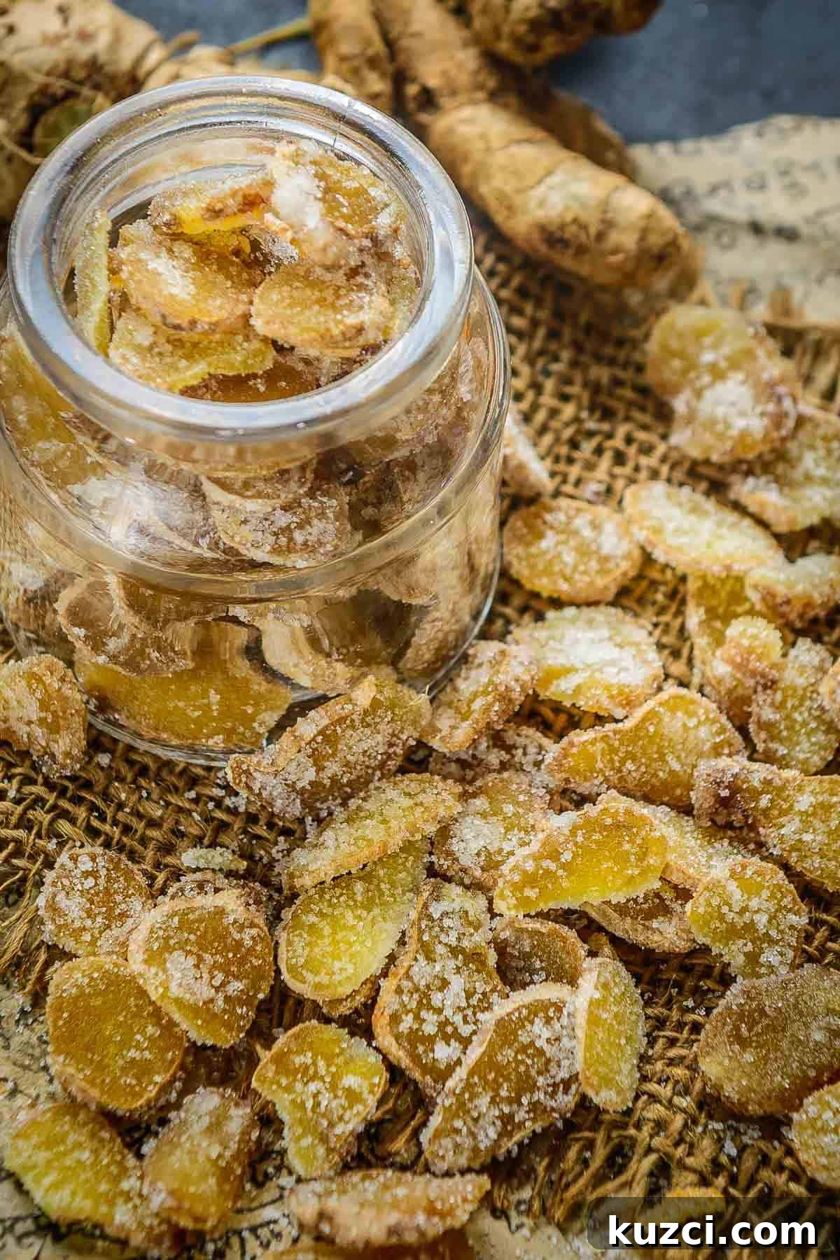 Homemade Crystallized Ginger Candy 2 Ginger candy spread on a paper.